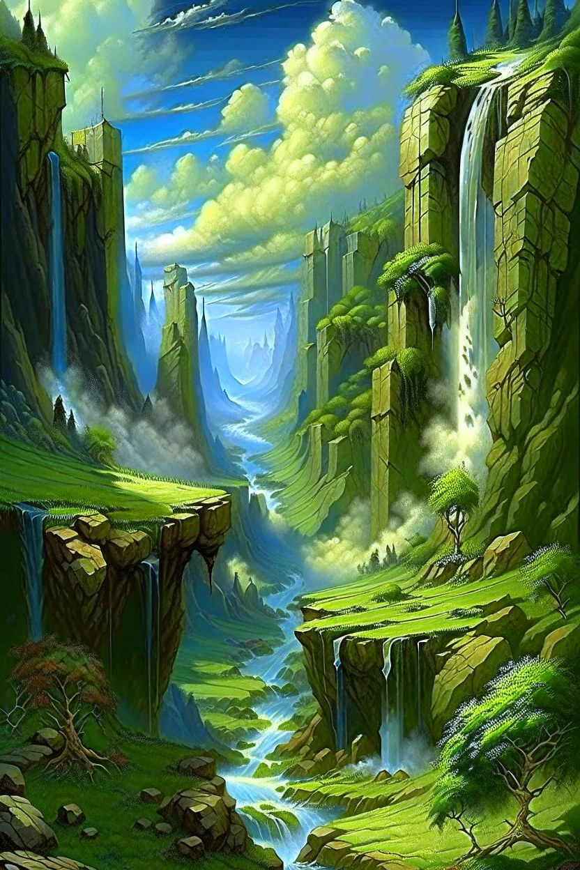 a valley between two 1 mile high vertical cliffside. A huges waterfall. style of Michael Whelan