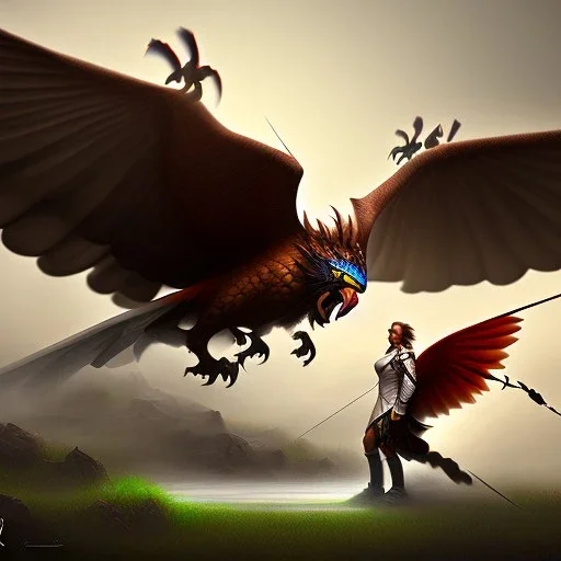 Epic massive Drawing Gryphon and Rider Flying estilo Caravaggio 4k