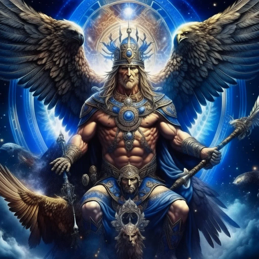 God-like man with infinite power who owns the galaxies and wears a beautiful crown, a jewel of diamonds and galaxies with weapons riding on a creature with an eagle head and eagle wings and eagle hands