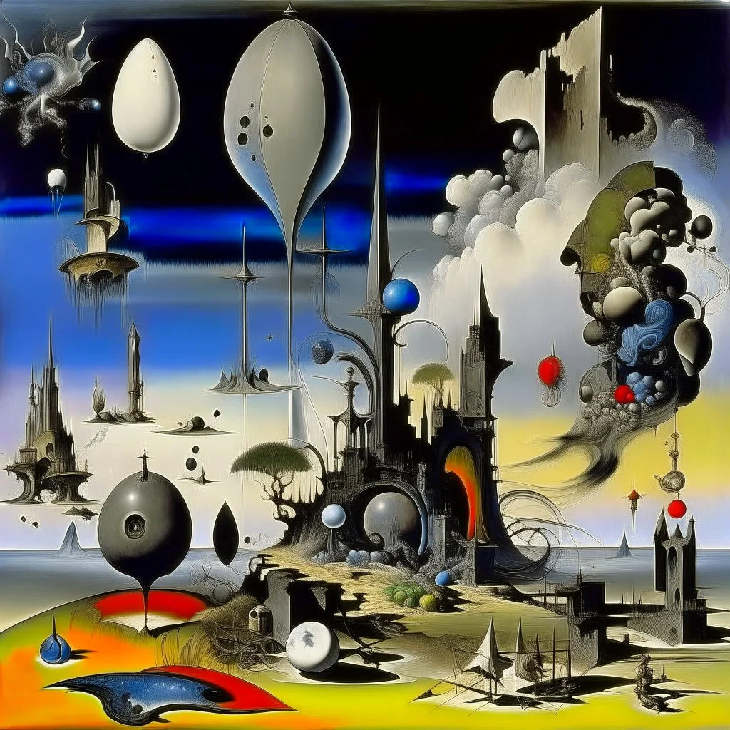 Strange objects of various shapes, scattered over a place, clouds, Max Ernst, Audubon, Amano, Walton Ford, Yves Tanguy