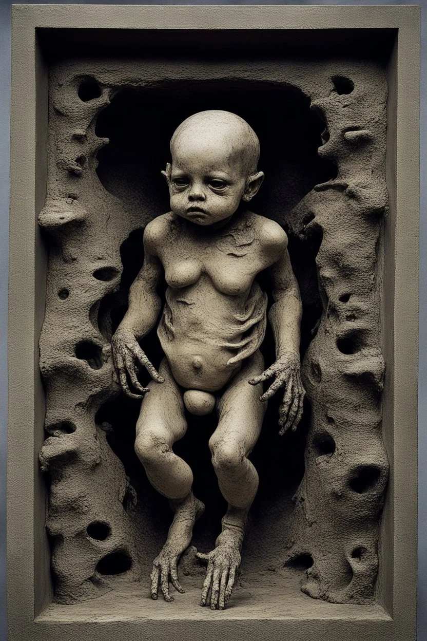 sculpture of a baby with multiple faces and limbs. decayed and rotting with grotesque proportions and imagery. abstract grotesqueries, detailed texture, surreal horror, biomechanical design, by hr giger and beksinski