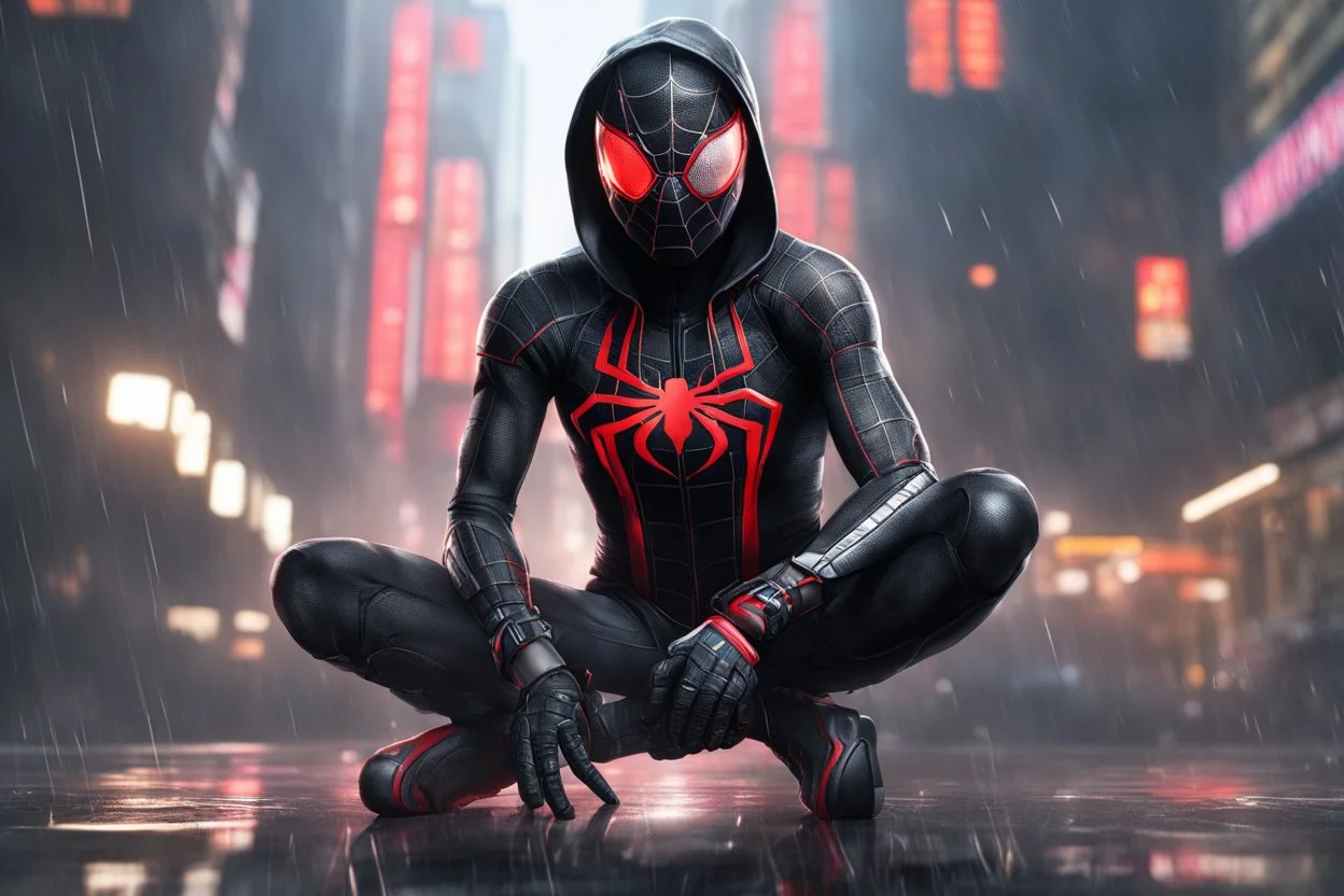 Miles morales in 8k nier automata drawing style, venom them, cinematic mood, neon effect, close picture, rain, highly detailed, high details, detailed portrait, masterpiece,ultra detailed, ultra quality