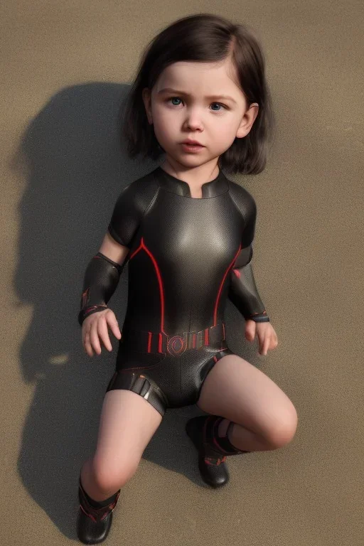 Black widow toddler, serious, full body, bokeh, hyper realistic