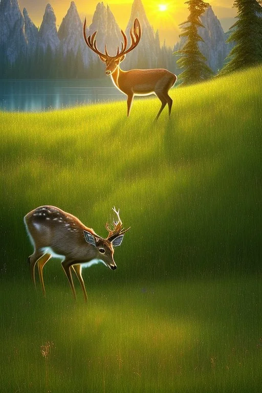 the foreground, a deer on a forest hillside overlooking a lake. Bathed in sunshine, with a lush green meadow, a winding river, and a towering mountain range in the distance. Warm sundown glow, golden hour. Ultra-detailed, with every blade of grass and every leaf rendered in perfect clarity. The colors are vibrant and saturated, with a dreamy, ethereal quality. Stained glass effect. Modifiers: photorealistic award winning cinematic postprocessing watercolor Ink drawing Steve Hanks Nicoletta Cecc