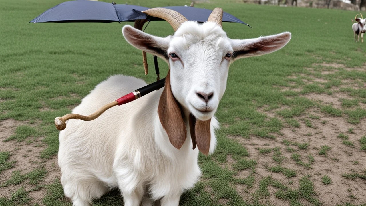 Goat holding an umbrella but no rain