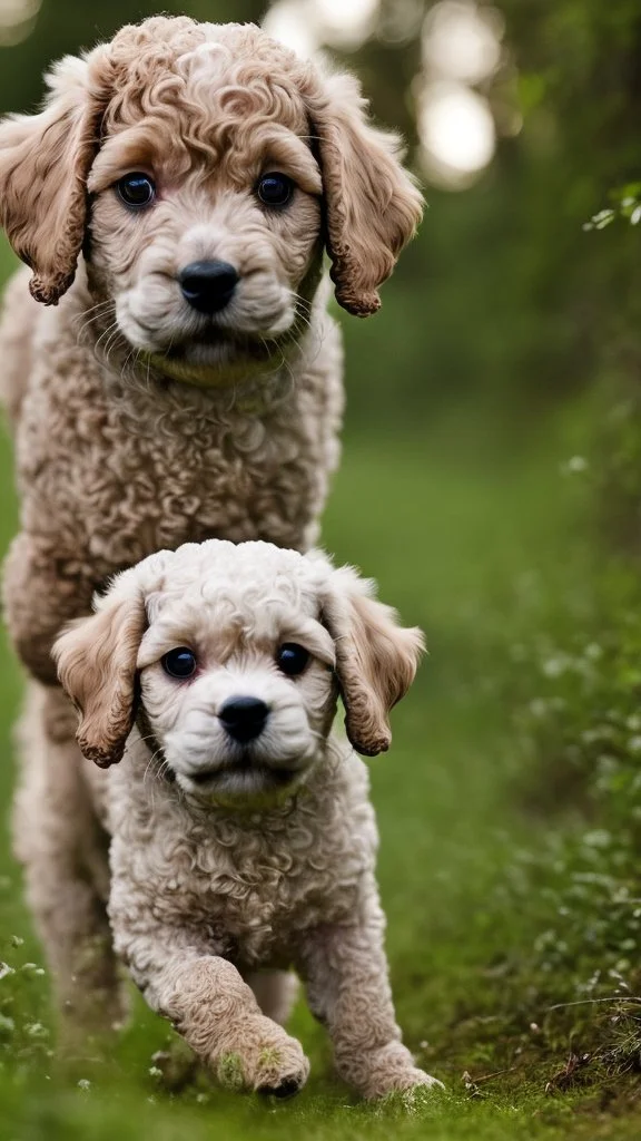 extreme close up photography of two cute puppy lagotto romagnolo happy dogs in a wood , running looking for truffles , in Tuscany Italy , photorealistic, backlight, 35mm lens