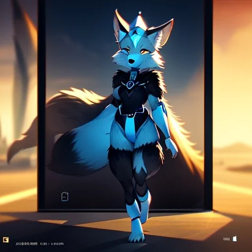 a fox fursona, darker colors, master quality, backlighting, soft lights, full body portrait, in frame, 8k, perfectly drawn face, well drawn, realistic, humanoid, furry, digitigrade legs, fur, female, anthropomorphic, skinny, cyberpunk