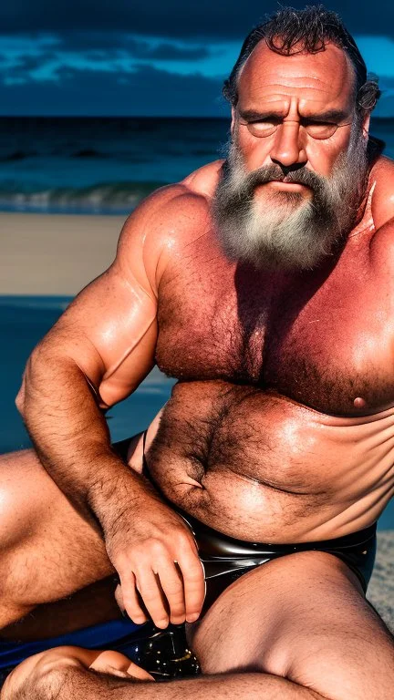 full figure shot photography of a ugly burly beefy serious sweat marocan baywatcher on the beach, at midnight, 55 year old man, relaxing , shirtless, manly chest, beard, curly hair , laying down on the sand, lit by bonfire, swimwear, bulge, bullneck, manly tights, sharp focus, studio photo, emotive eyes, intricate details, highly detailed, photorealistic, side top view