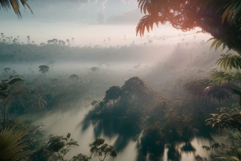 Extreme long shot, Birds Eye view, jungle skyline, smooth, god rays, unreal engine 5, ray tracing, RTX, lumen lighting, ultra detail, volumetric lighting