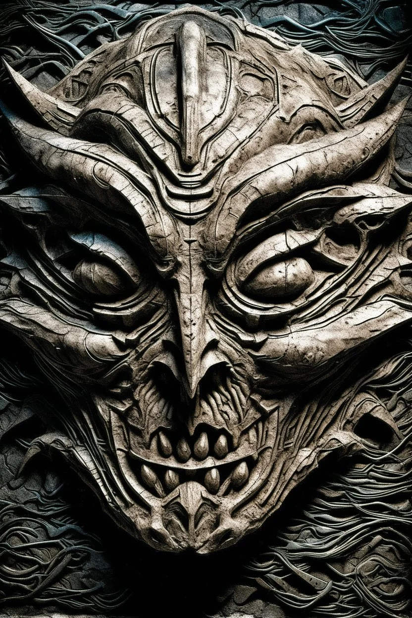 sculpture of dark side of a wolf face . Multiple faces . decayed and rotting with grotesque proportions and imagery. abstract grotesqueries, detailed texture, surreal horror, biomechanical design, by hr giger and beksinski