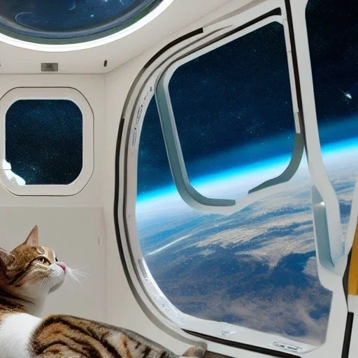 cat inside spaceship looking out of window at astronaut in space, milkyway, hyper-realistic 8k resolution, high-quality, fine-detail, detailed matte, intricate, 3D octane render, illustration, digital art, brian froud, howard lyon, anna dittman, greg rutowski,