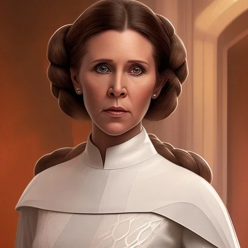 stunning half-body portrait photo of princess leia from Star Wars played by Carrie Fisher, hazei iris, wlop, artgerm, akihiko yoshida, and liang xing, detailed face, doe eyes, intricate braided hair style, symmetrical eyes, trending on artstation, highly detailed, white dress, dynamic pose, intricate outfit, space ship and galaxy background