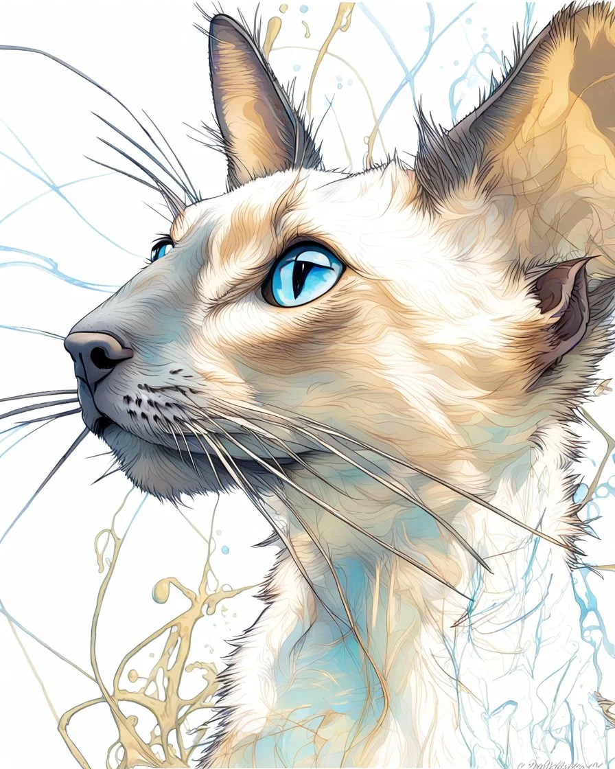 Create a vividly realistic visual composition to conceptually complement A whimsical, wacky Oriental shorthair chocolate point Siamese with blue eyes and a delightfully scattered and unkempt coat, sporting long strands of hair that stick out in every direction, as if electrified by static, its whiskers twitching with mischief, while its ears perk up with an air of sly secrecy, the cat's body appears to be whispering away from itself, as if its very essence is being slowly sucked out, leaving beh