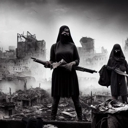 women, faces covered in black masks, ragged clothes, holding flag, realistic, Life Magazine photgraphy, war-torn, destroyed city in the background, 8k resolution, hyperrealistic, detailed matte painting, b&w, dynamic lighting, war, anarchy, rebels, terrorists