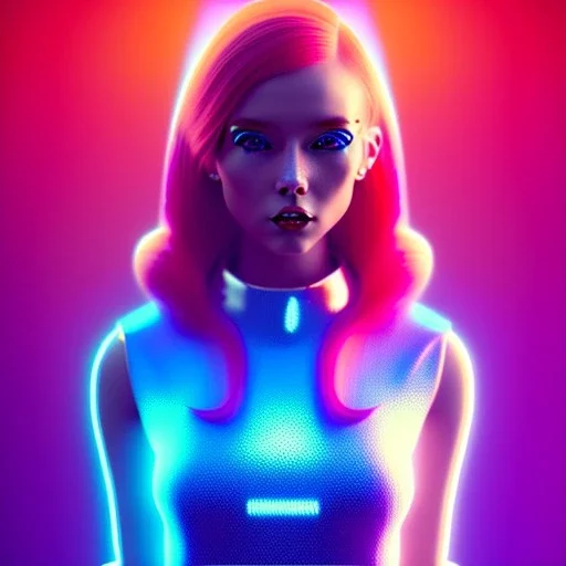 redhead woman teenager, freckles, padded coat, retro futuristic, latex dress, gradient color, BLUE, PINK, CYAN, neon, insanely detailed, 16k resolution, perfect eyes, cinematic smooth, intricate detail