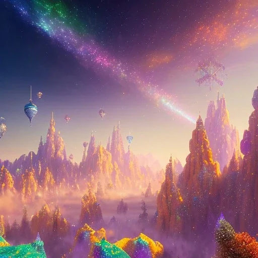 blue gold and violet landscape with multicolored crystals falling from the sky, full of details, smooth, bright sunshine，soft light atmosphere, light effect，vaporwave colorful, concept art, smooth, extremely sharp detail, finely tuned detail, ultra high definition, 8 k, unreal engine 5, ultra sharp focus