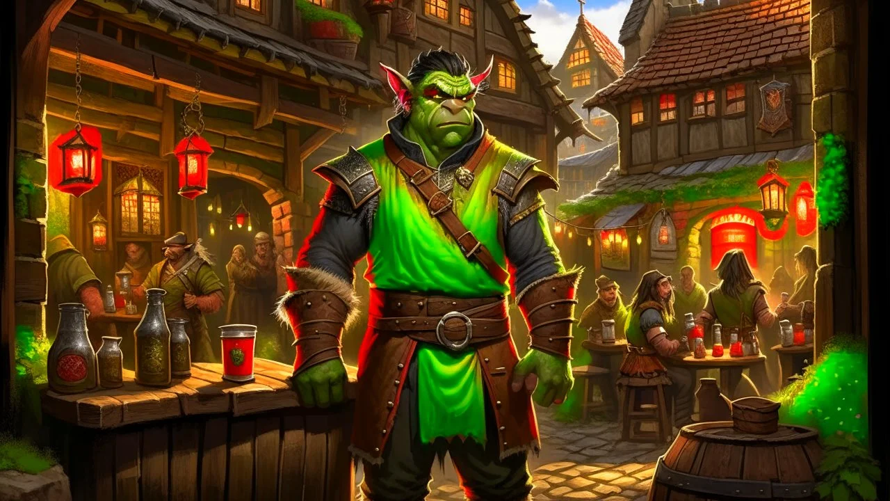 rich orc, luxury clothes, tavern in the background