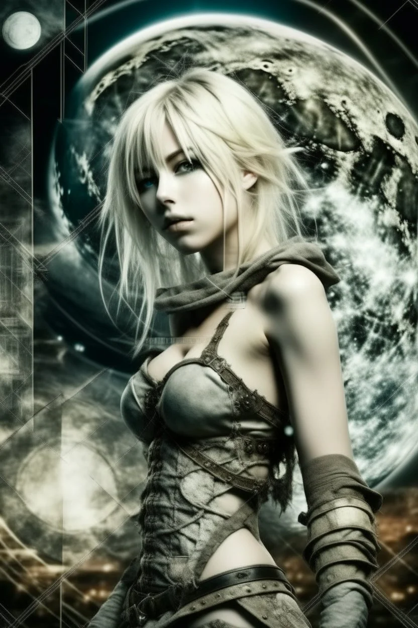 Explosive abstract collage style image of a beautiful anime warrior girl, beautiful blond hair and features, dramatic, pieces of cloth material, textured moon in background, bob wire, gothic surroundings, textures