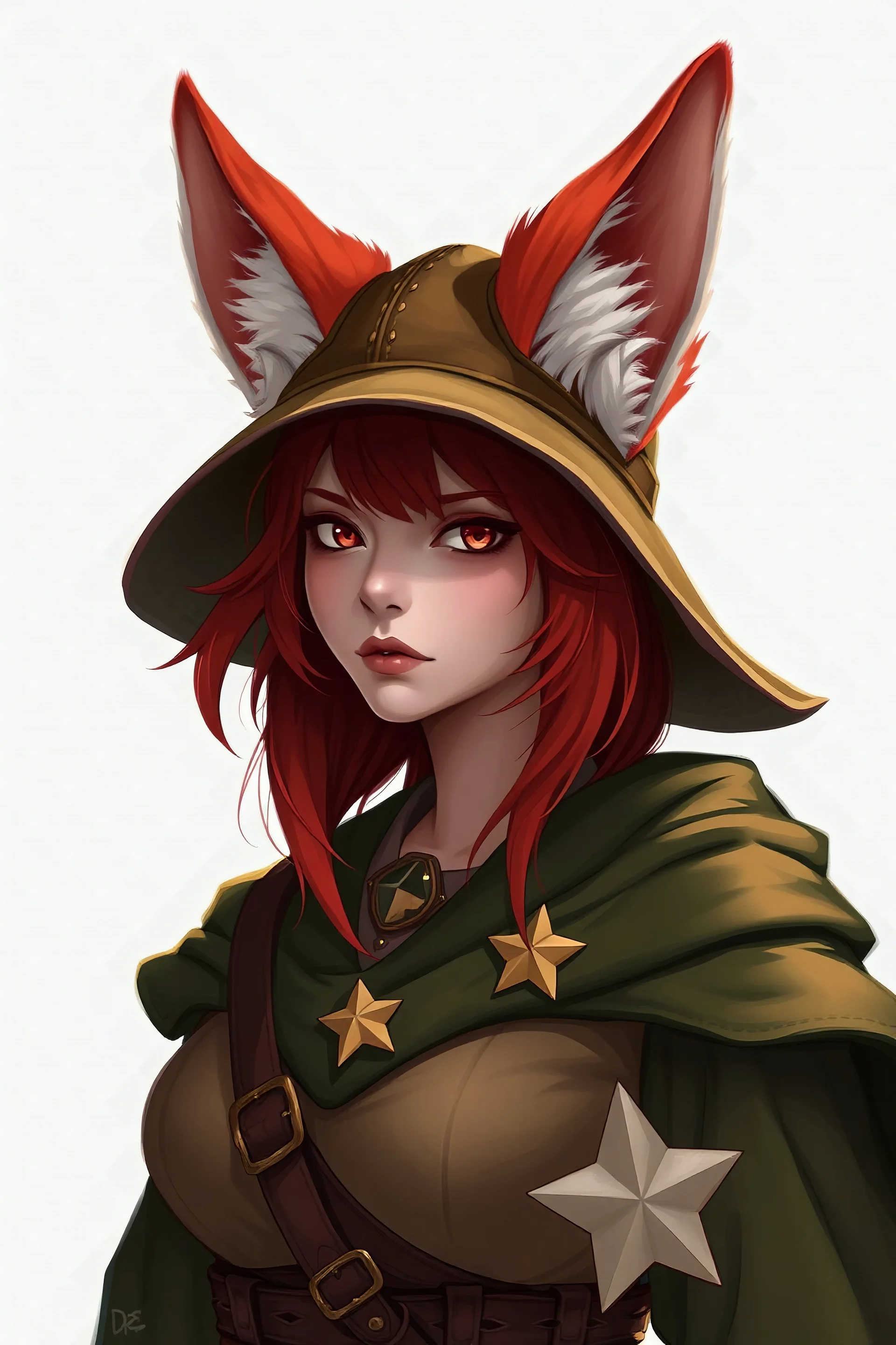 DnD portrait, female with red fox ears, red hair, ultra wide brim hat, stars