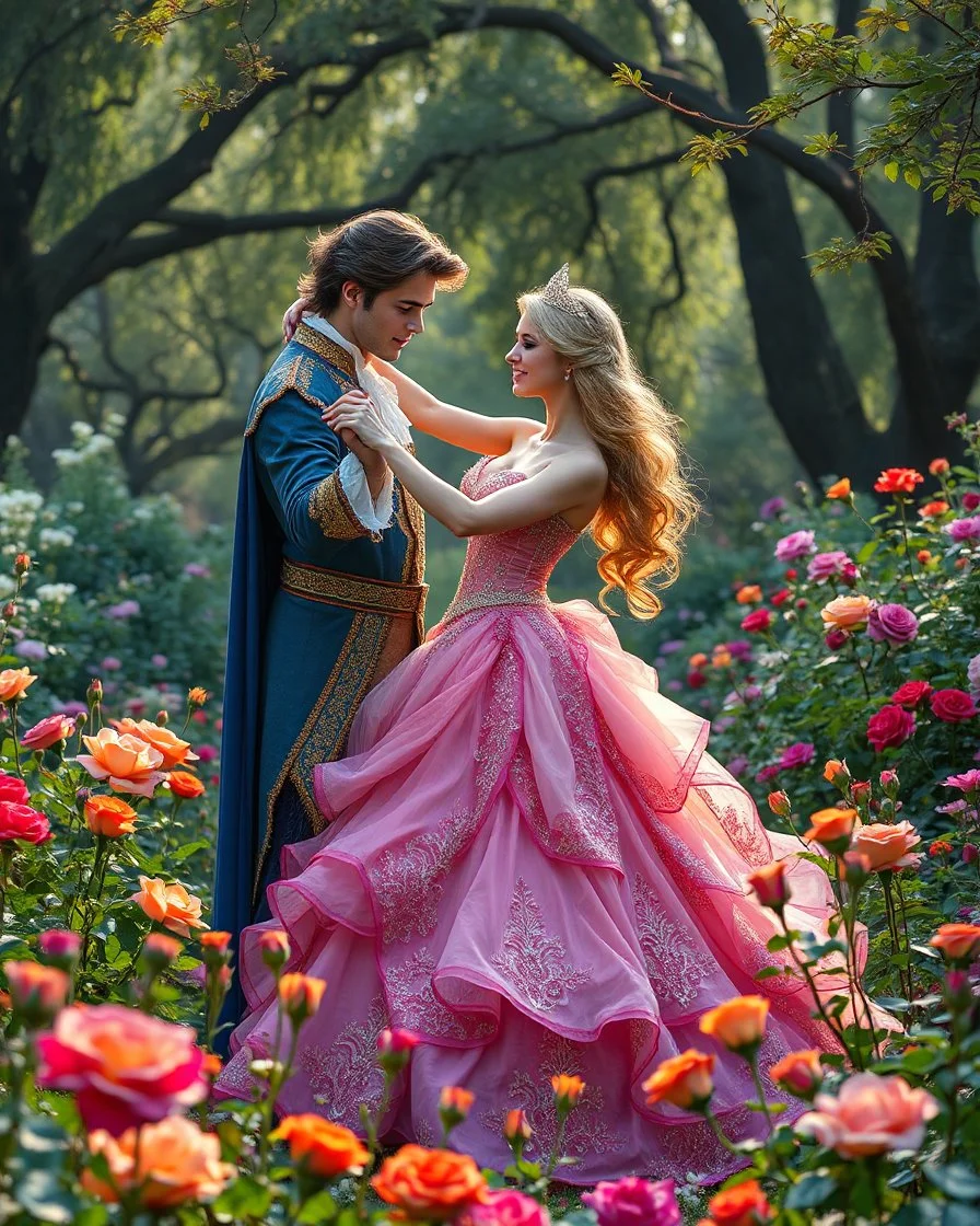 Beautiful Princess Romantic dancing salsa with handsome prince in Wild garden, flower beds, fractal ornamentation, over detailed, gloriously full and confusing, nothing that really exists, everything made up, fantasy world, sweet briar, photography graphic art, song birds, ochre rose, rose buds, dewy morning, forest of oaks,