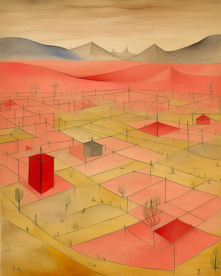 A light red desert with a military base painted by Paul Klee