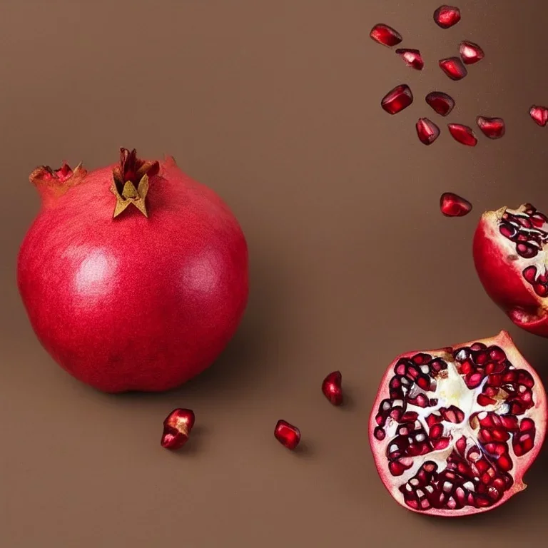 Pomegranate with fiery red skin with sparkling diamond seeds, fully detailed, 8k, 16k