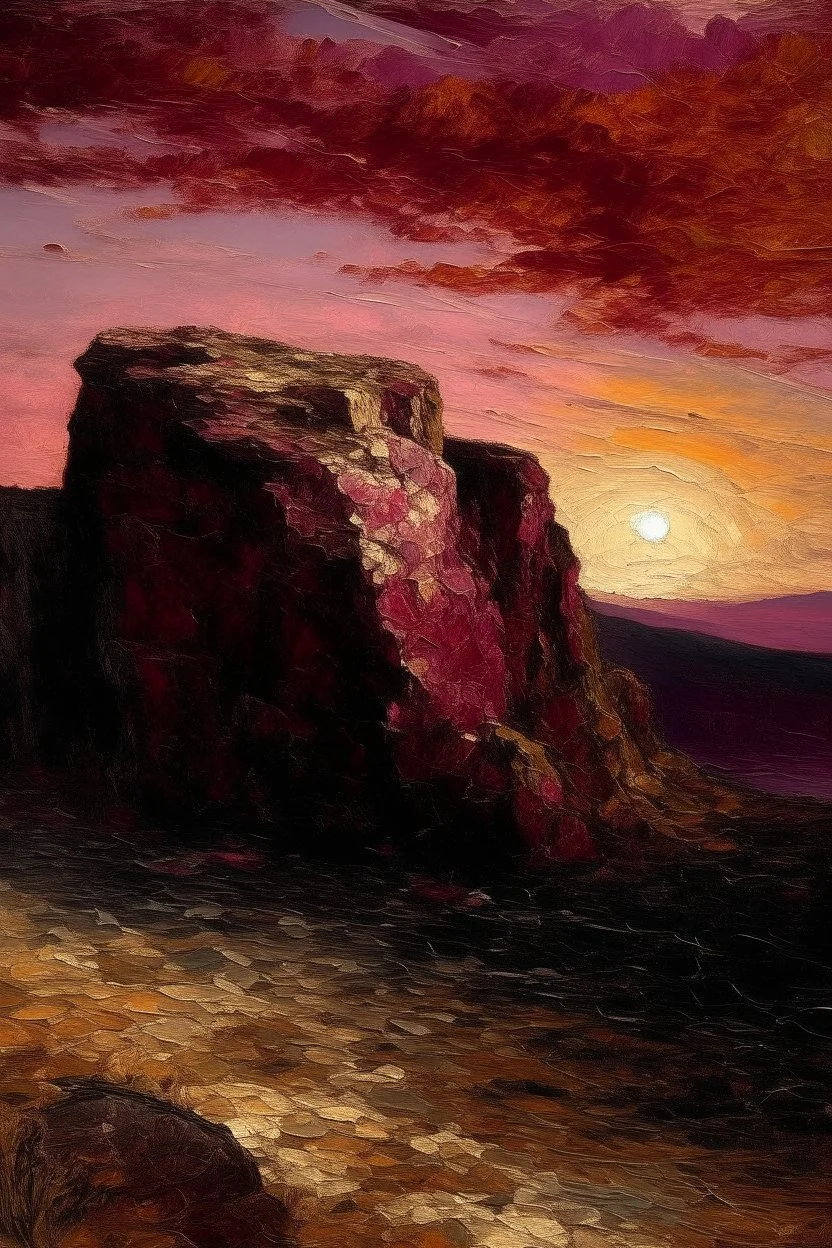 A dark magenta crag at sunset designed in ancient Greek mosaics painted by Gustave Courbet