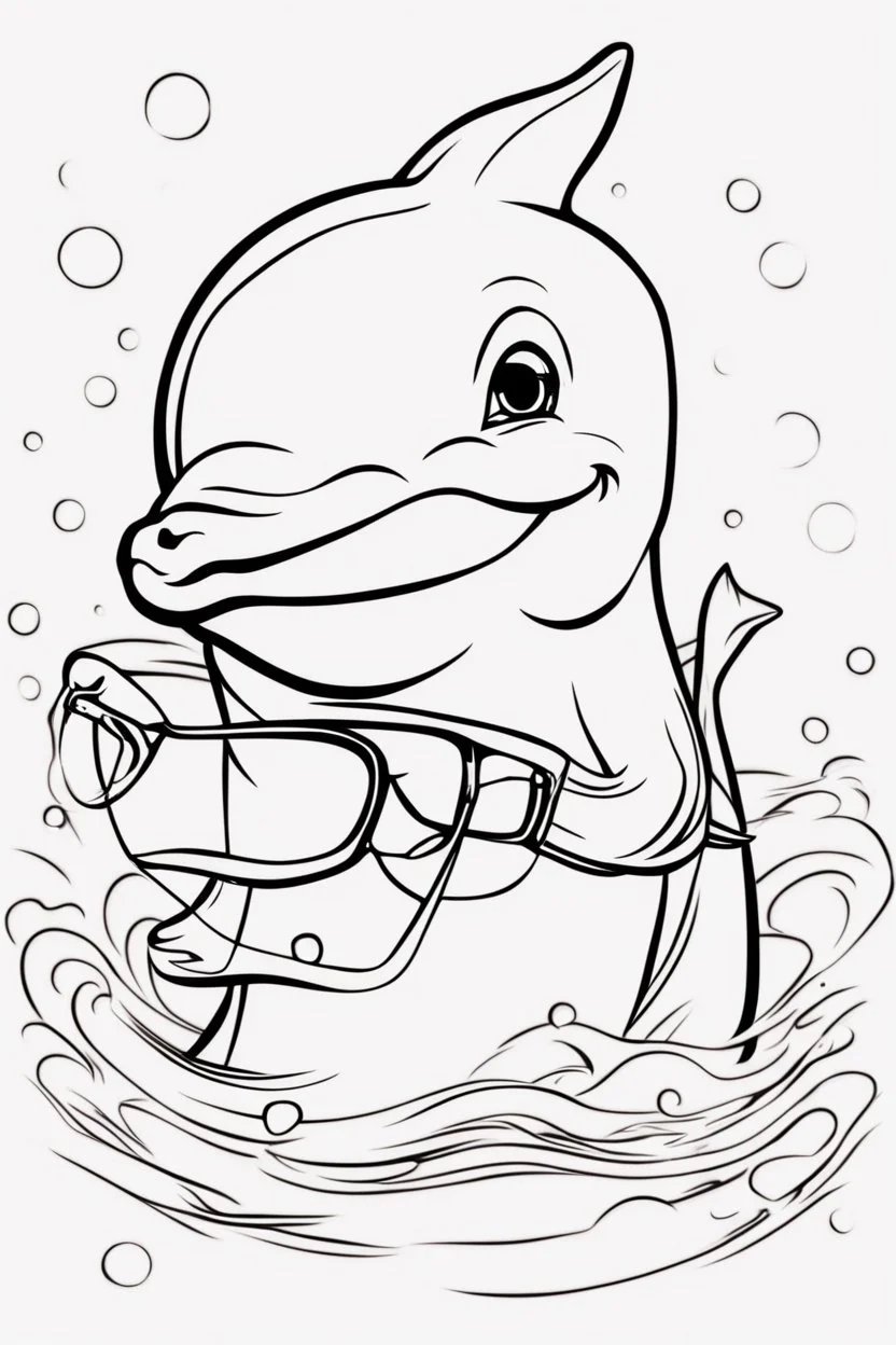 Outline art for cute coloring pages with dolphin with glasses, full body, white background, sketch style, only use outline, clean line art, no shadows and clear and well outlined.