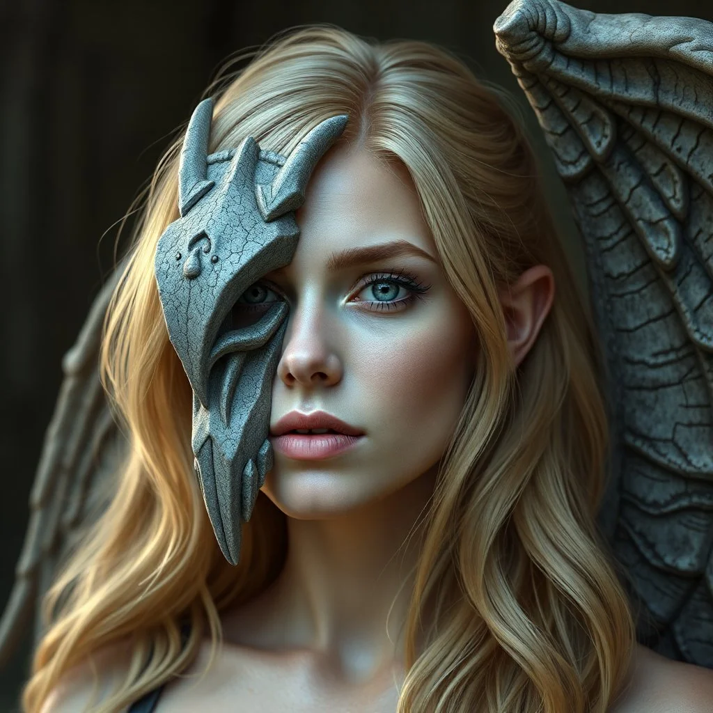 a portrait of an attractive blonde fantasy woman who is half human and half gargoyle, her face is partially made of stone, digital art