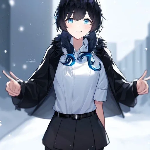 Clear focus, High resolution, black short fluffy hair, long locks, smiling, wearing a black coat and a white short skirt with black leggings on, wearing a white shirt, wearing a grey belt, looking confused, snow in the background, blue sparkling eyes