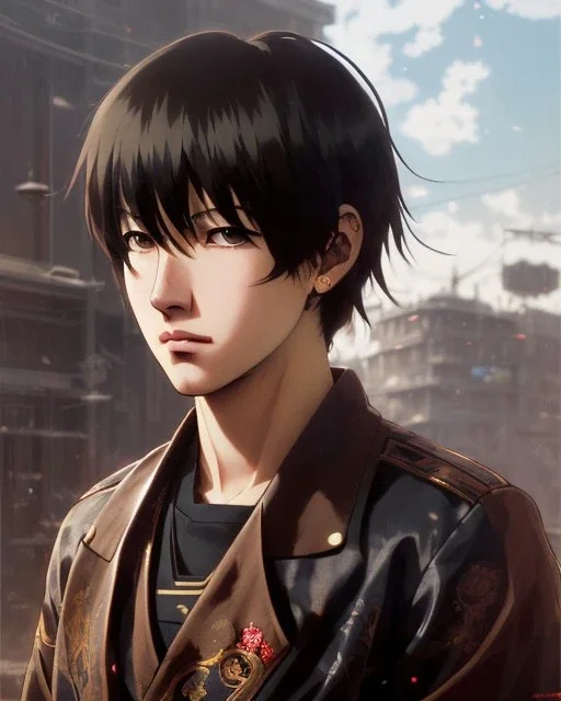 Detailed sad male anime boy with long brown hair, intricate details, full body portrait, keep head in frame, slight, black Japanese motif, concept art, highly detailed, digital painting, concept art, sharp focus, illustration, art by Yoji Shinkawa, WLOP and greg rutkowski and alphonse mucha and artgerm and yanjun Chen and Junji ito and Makoto Shinkai, HDR, octane render