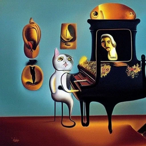 surreal cat playing piano in style of salvador dali painting with picture of dali in background