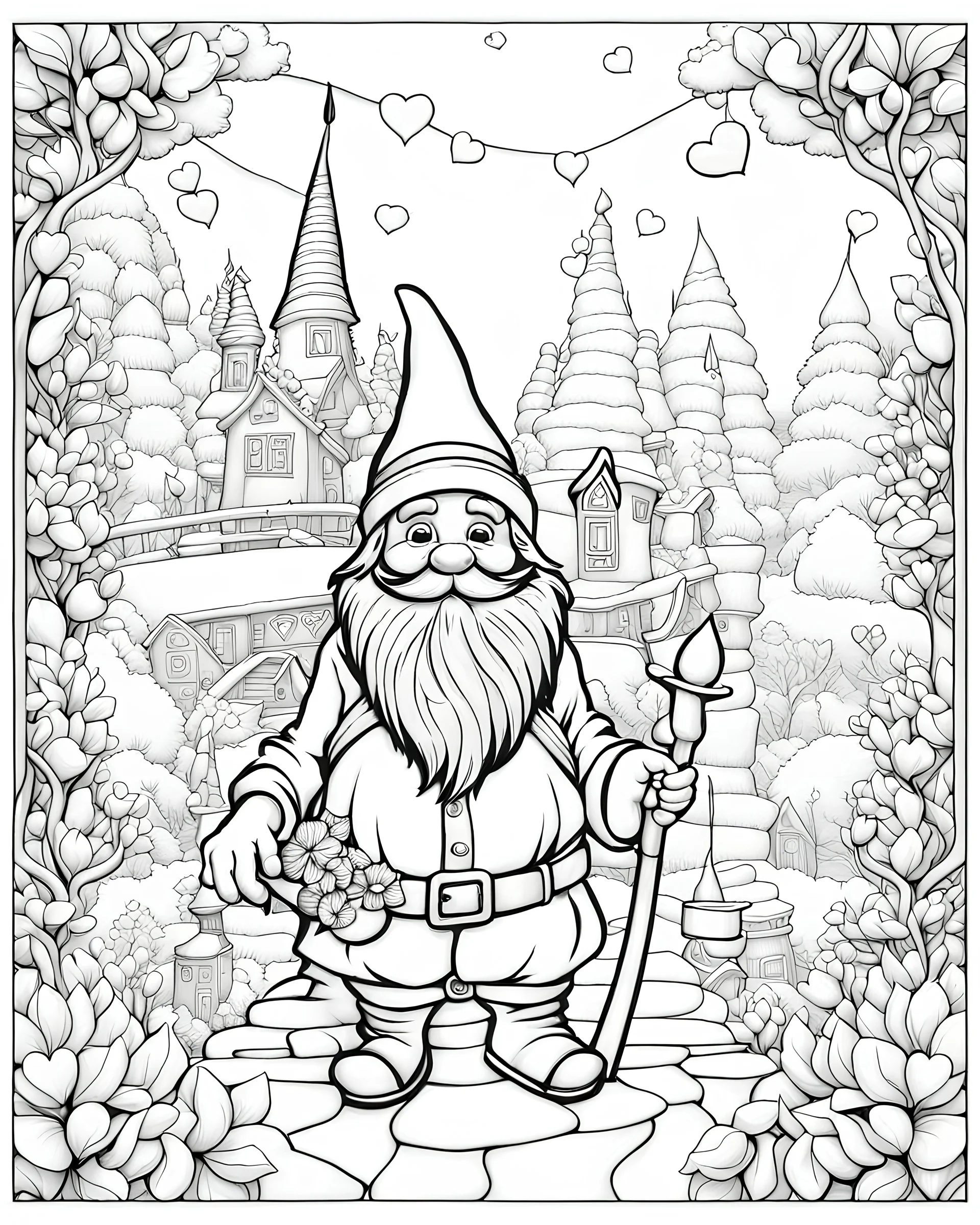 B/W outline art,coloring book page, full white, super detailed illustration for adult, "Colorful Journey of Gnome on Valentine's Day", crisp line, line art, high resolution,cartoon style, smooth, law details, no shading, no fill, white background, clean line art,law background details, Sketch style.