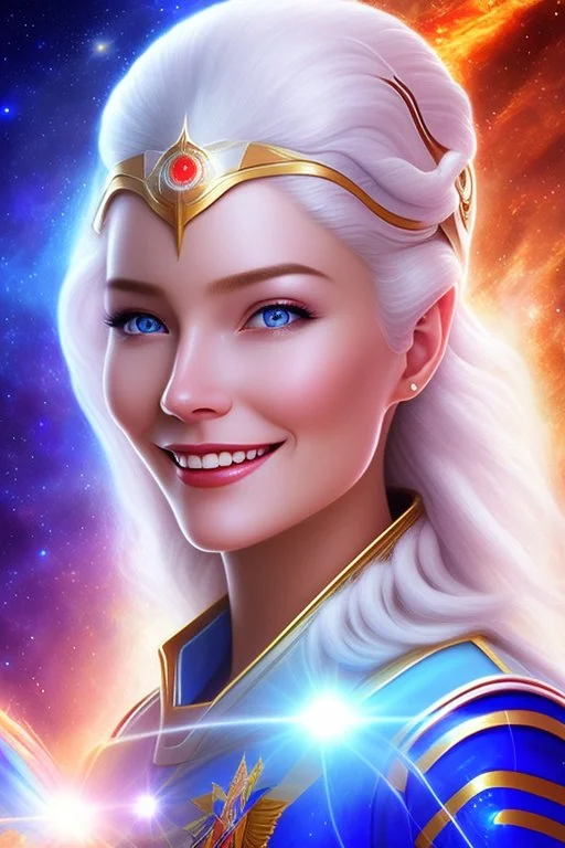 young cosmic woman admiral from the future, one fine whole face, large cosmic forehead, crystalline skin, expressive blue eyes, blue hair, smiling lips, very nice smile, costume pleiadian,rainbow ufo Beautiful tall woman pleiadian Galactic commander, ship, perfect datailed golden galactic suit, high rank, long blond hair, hand whit five perfect detailed finger, amazing big blue eyes, smilling mouth, high drfinition lips, cosmic happiness, bright colors, blue, pink, gold, jewels, realistic, real