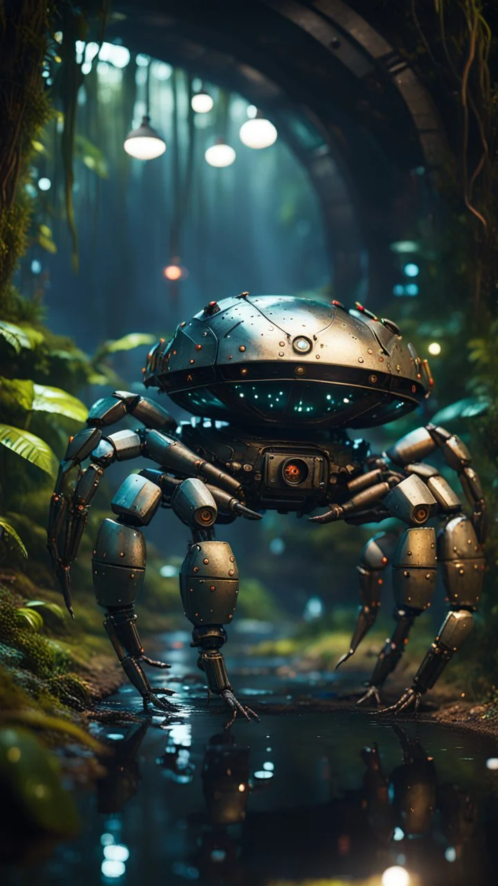 crab robot chivalry knight in dark lit reflective wet jungle metallic hall dome hotel tunnel, in the style of fallout 4 game,bokeh like f/0.8, tilt-shift lens 8k, high detail, smooth render, down-light, unreal engine, prize winning