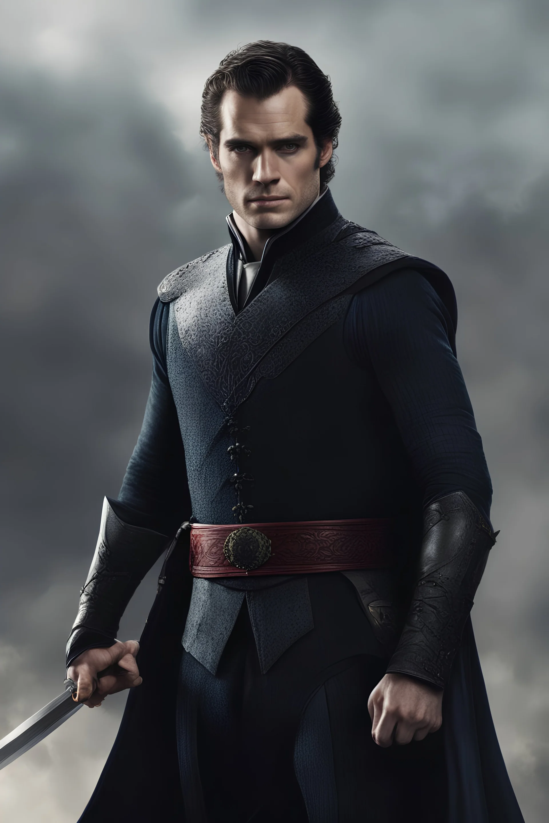 Henry Cavill as a count with a saber on his belt