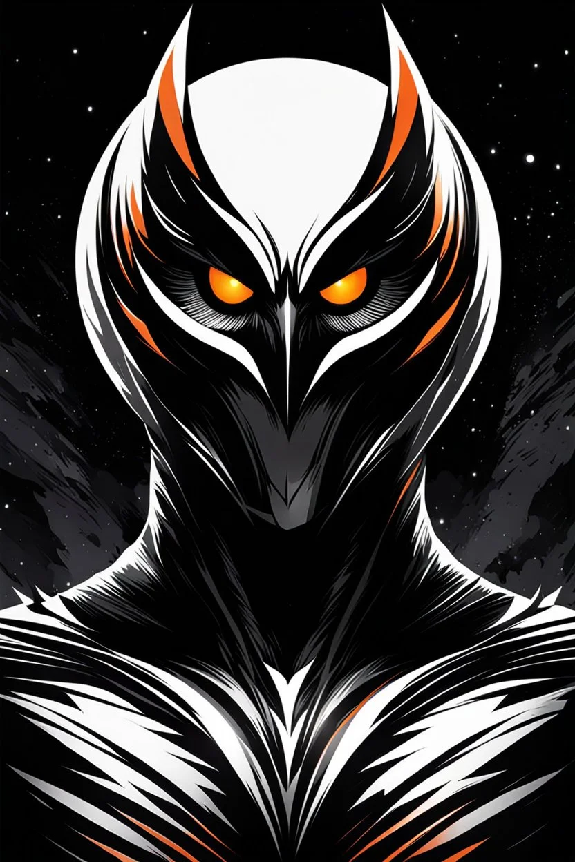 Owlman, comic style artwork, dark black, Orange and white, calm