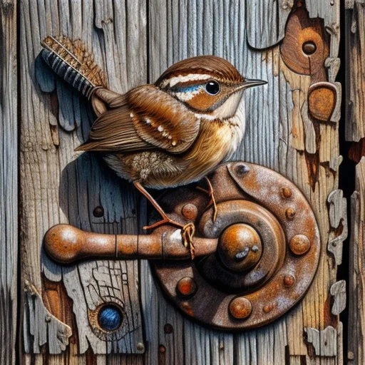 Small brown wren with intricate feathers perched on a weathered barn door, the door is cracked and rotting with a rusting handle, intricate woodgrain patterns with peeling paint, rusted bolts, deep textures, acrylic art, highly detailed