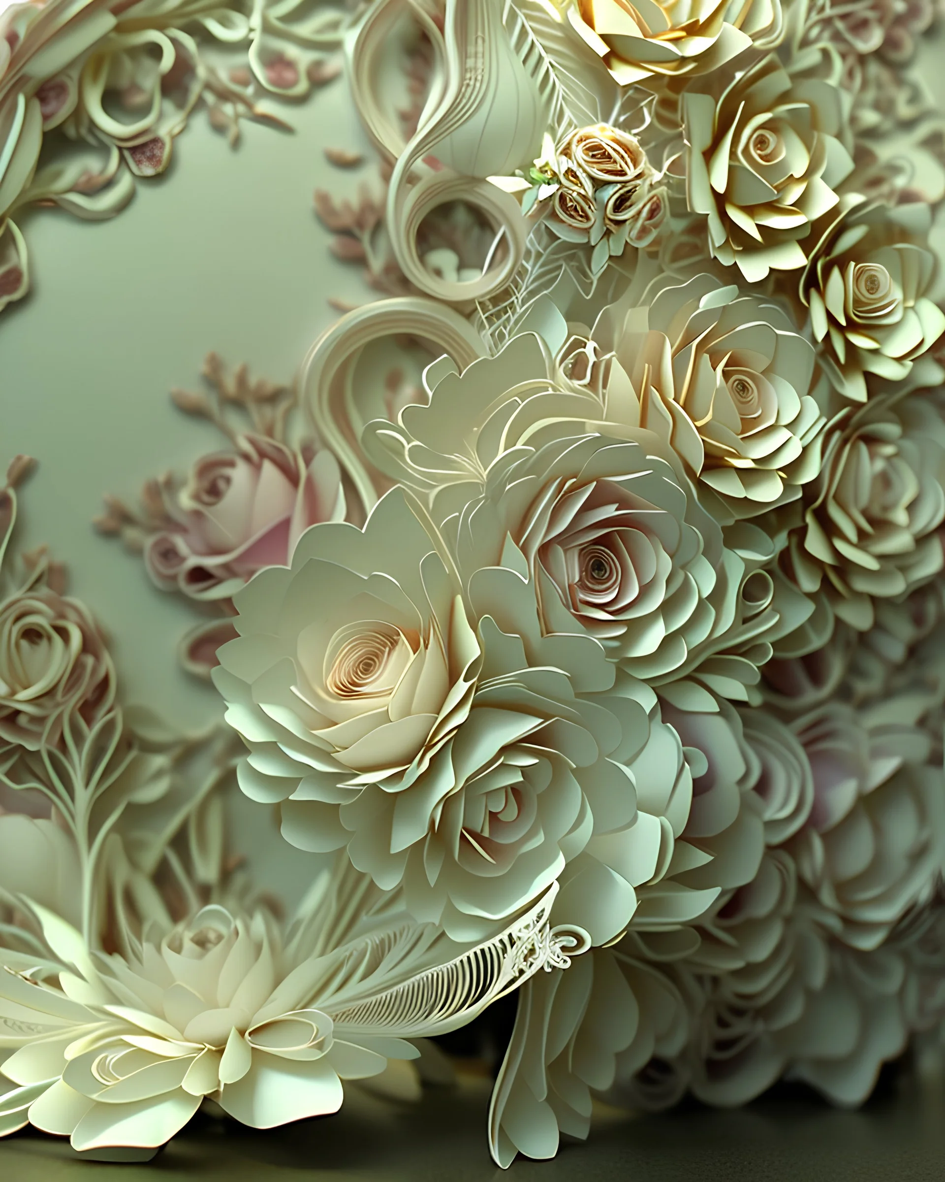 Ultra realistc natural garden in white hair. Around lilac, indigo, bianco giallo and pink natural roses. White backgroung. An intricate detailed white 3D paper patchwork, crown, diadem, fantasy, rose tones, beautiful, perfezione