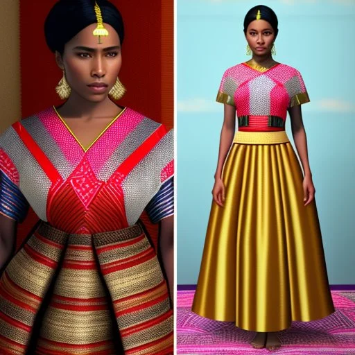 Aesthetic, 3D, Digitized, Hyper realistic, Surreal, Mesmeric, "Assamese Ethnic Tribal / Traditional Woven Women Attire" & Textile (Handloom) Industry themed Mekhela Chador (The bottom half of this distinct dress is called the 'Mekhela ', a round fit used waist downwards over a petticoat) designs, **Featured Designs:** The Revivalist - A young Assamese woman on a mission to revive fading weaving traditions. She combines old and new in her advocacy for mekhela sador. **Appearance:** Fictional fema