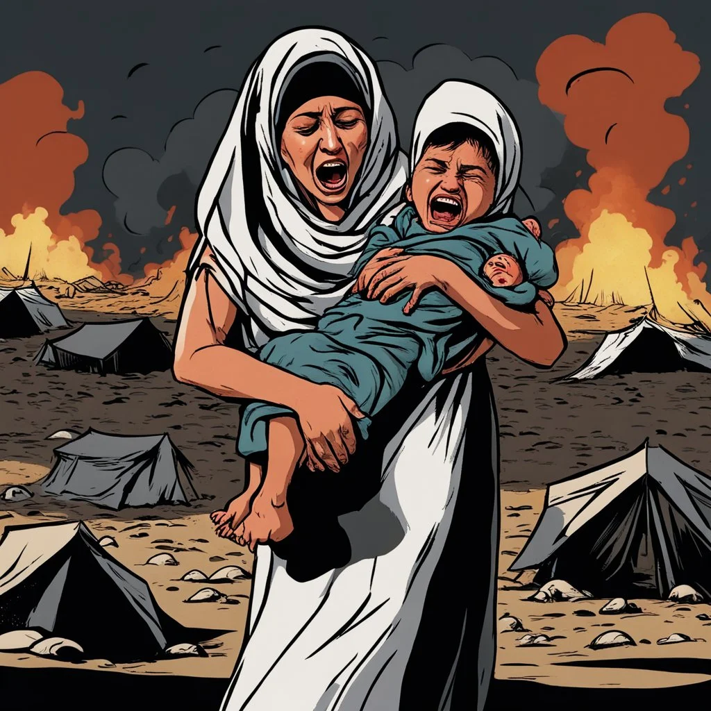 A Palestinian woman wearing the Palestinian dress carries her dead son as she screams and cries at night, with explosions in refugee tents behind her.