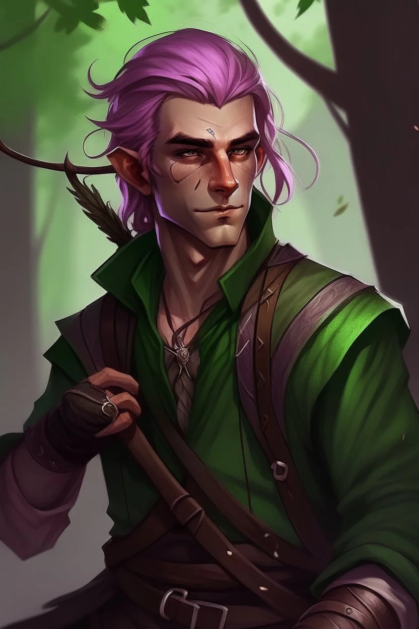 Male wood elf, rogue assassin, light brown skin, bright green eyes, mauve hair, sneaky, trees, stoner, long bow, black leather straps, disheveled, smoking