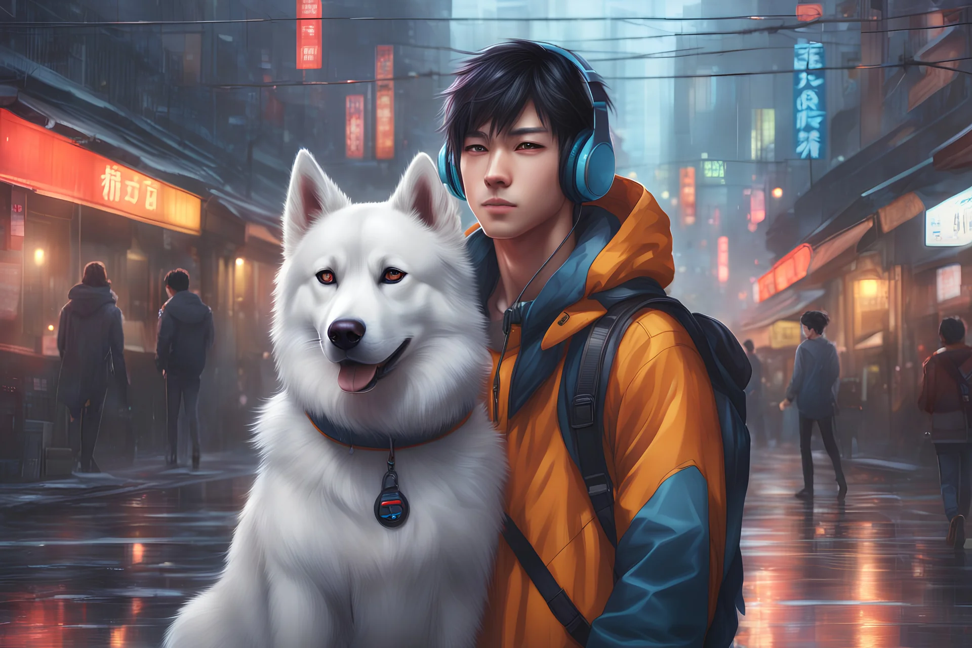 cute Asian guy, dark short hair, wearing headphones, modern Chinese city, husky dog on a leash, Wednesday Adam in 8k anime cgi drawing style, Adam family them, , neon effect, close picture, rain, highly detailed, high details, detailed portrait, masterpiece,ultra detailed, ultra quality