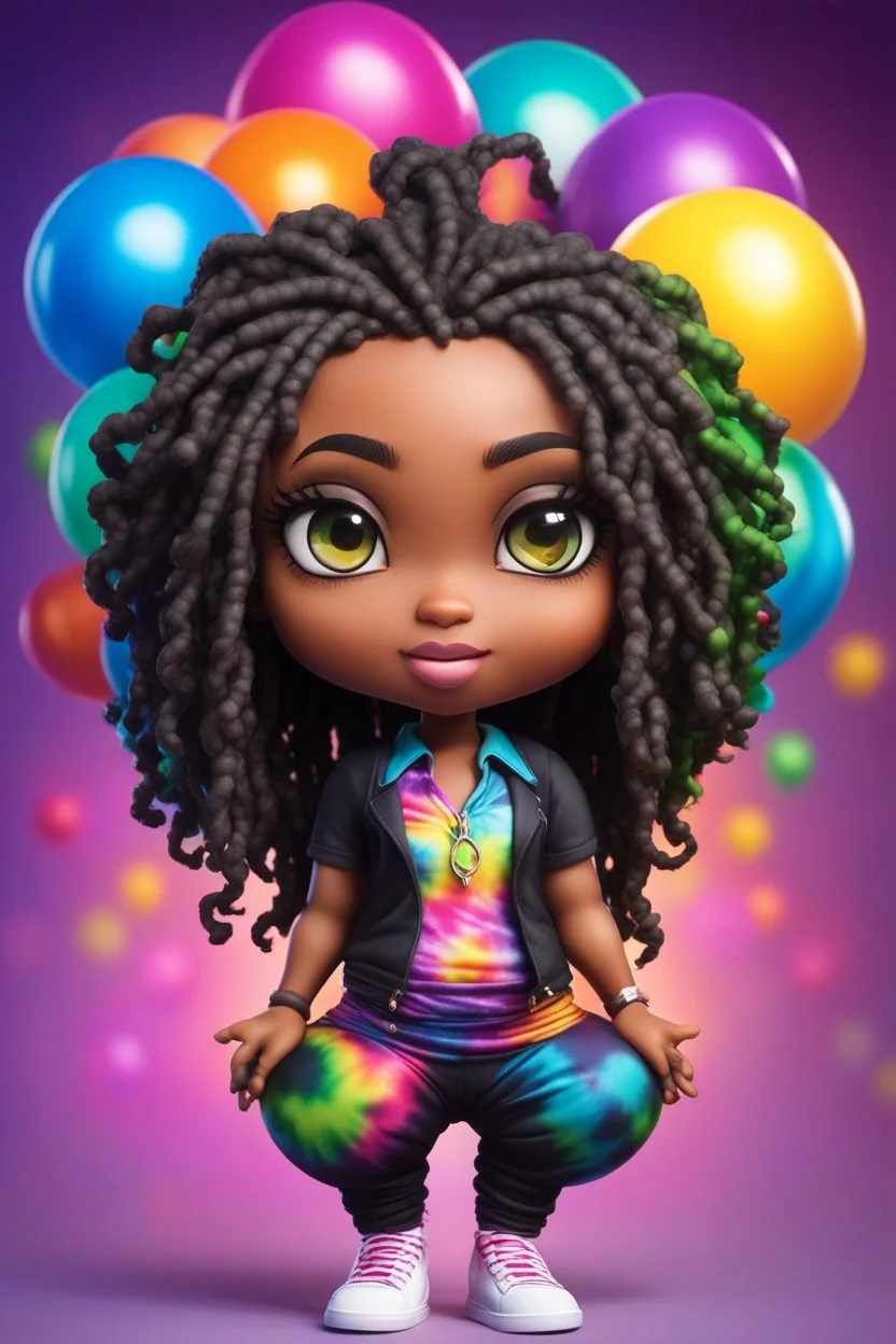 Create an airbrush image of a chibi black curvy female wearing a tie dye yoga outfit. Prominent make up with hazel eyes. Highly detail asymmetrical dread locs. background of colorful large ballons 2k