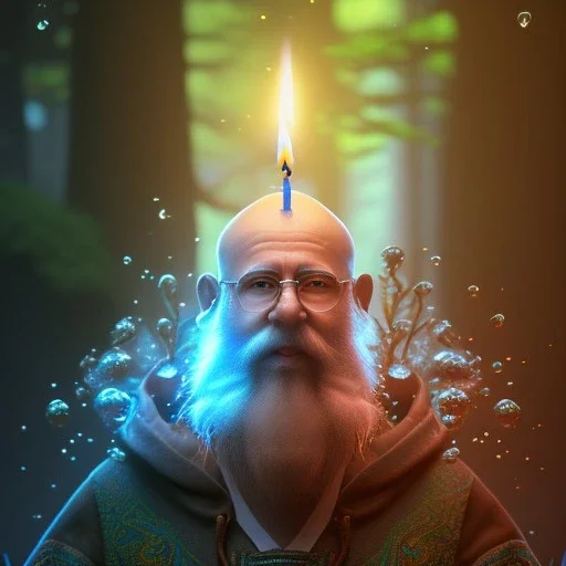 top down medium close up of blue robed water monk with long beard, candle light, Dark fantasy concept art, dynamic lighting, Intricately detailed, Splash screen art, deep color, Unreal Engine, volumetric lighting, blue flowers, moss, leather, creek, flowing water, fantasy dark forest artwork,back light