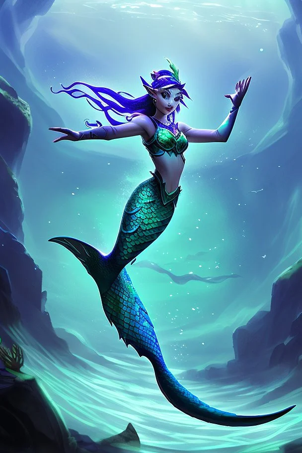 hybrid elf +Mermaid Diver, Weightless Swim, Bioluminescent Sea, Transparent Skin