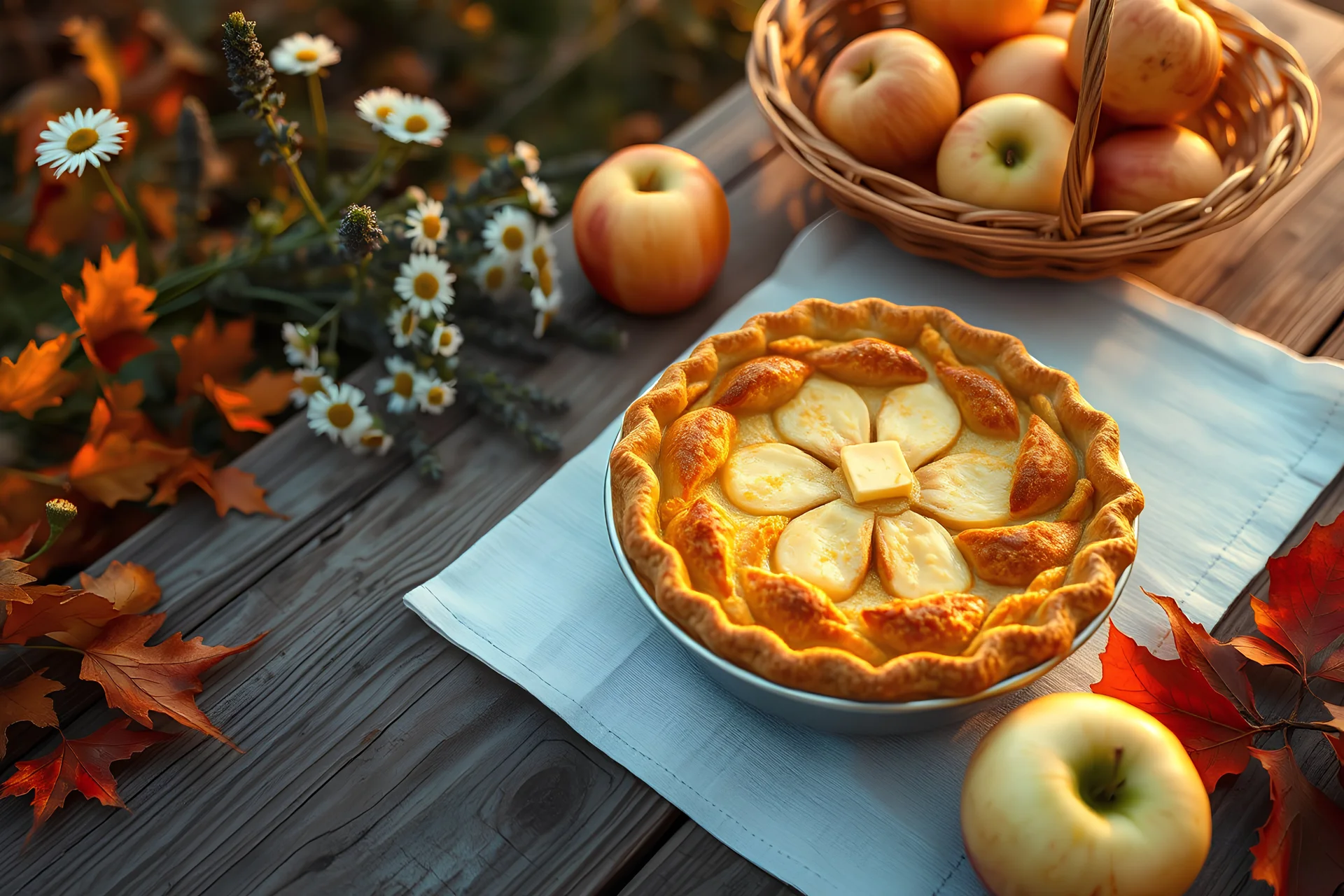 Apple pie on a rustic wooden table, flaky crust glistening with butter, freshly baked, rising steam, surrounded by autumn leaves and daisies, sage, soft focus in the background, shot from above, late evening sun casting warm highlights and elongated shadows, fresh apples lying in a basket, hyper-realistic golden hour lighting, aperture f 2.5