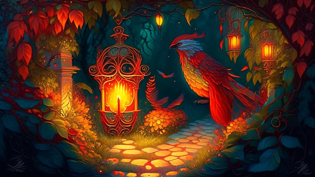 Slavic mythology enchanting garden with lush greenery and beautiful stone winding paths with lanterns. It's twilight. Depict only one creature: the Firebird. The body of the Firebird is adorned with feathers of vibrant red, orange, and gold, each one glowing with an otherworldly brilliance.