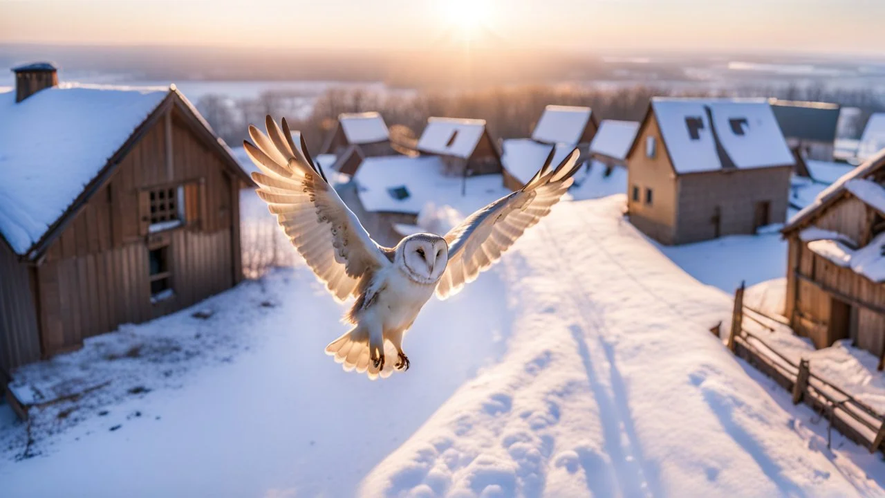 angel's view back to the camera a barn owl seen from the back from the top view flying over a winter small village, snowy landscape, little light, sunrise, some small Hungarian old country houses from above, perspective, high detailed, sharp focuses, photorealistic, cinematic