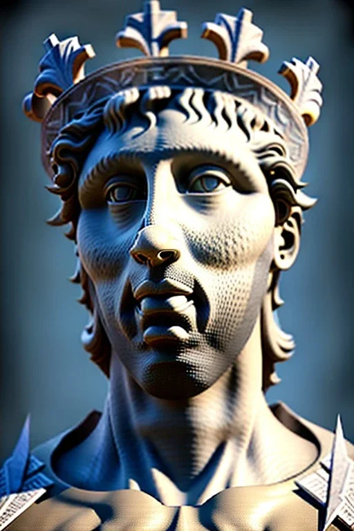 Ultra Realistic image, classical renaissance sculpture, white marble material, Lionel Messi, emperor style, Laurel leaves crown, chisel style, waist up portrait, epic, celestial, cinematic lighting, God light, god rays, 4k resolution, smooth details, ornate details, soft lighting, unreal engine 5, marble background.